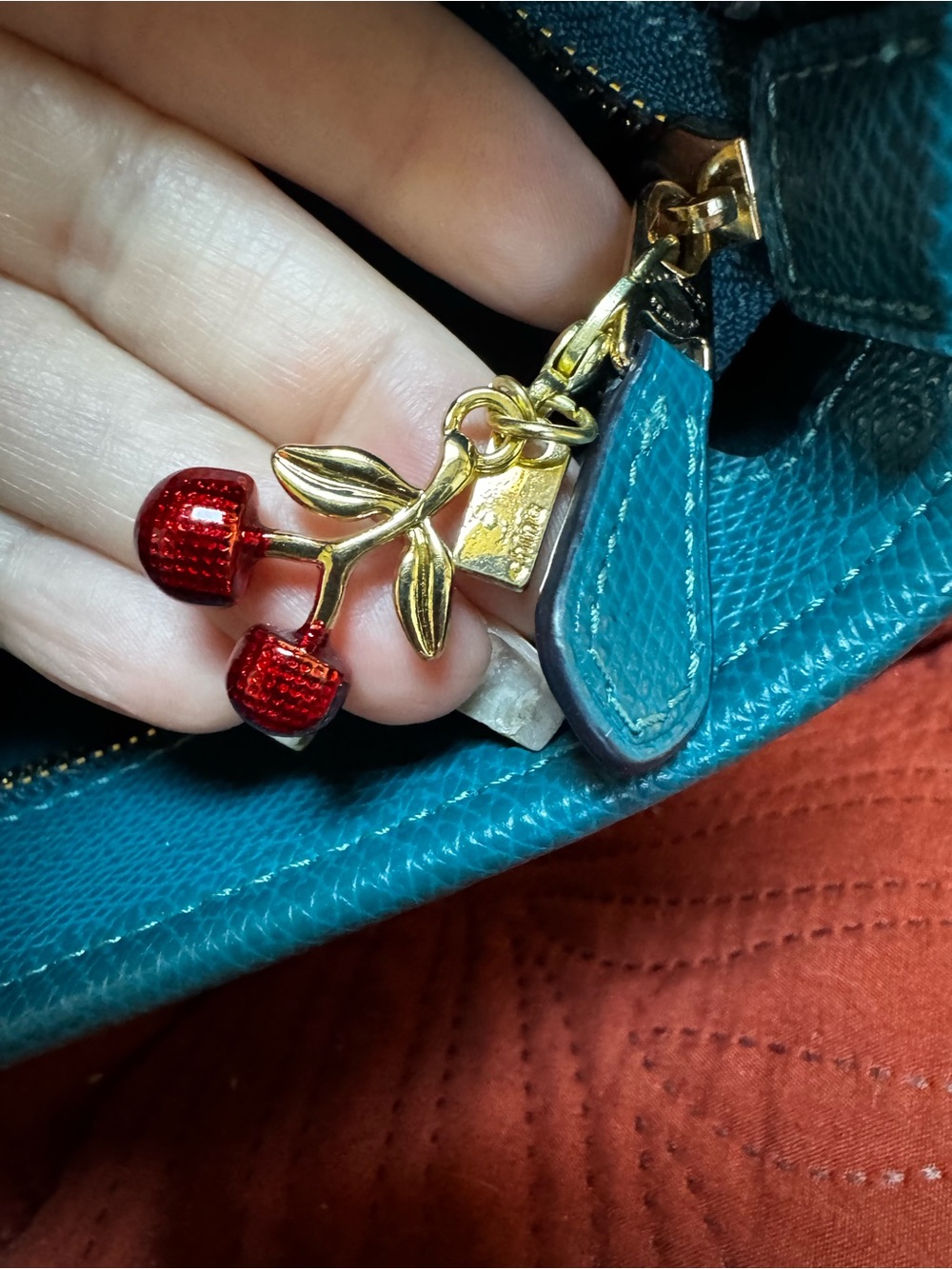 Coach Pebbled Leather Tote in Teal with Gold Hardware AND Coach Cherry 🍒 tag - Picture 6 of 7
